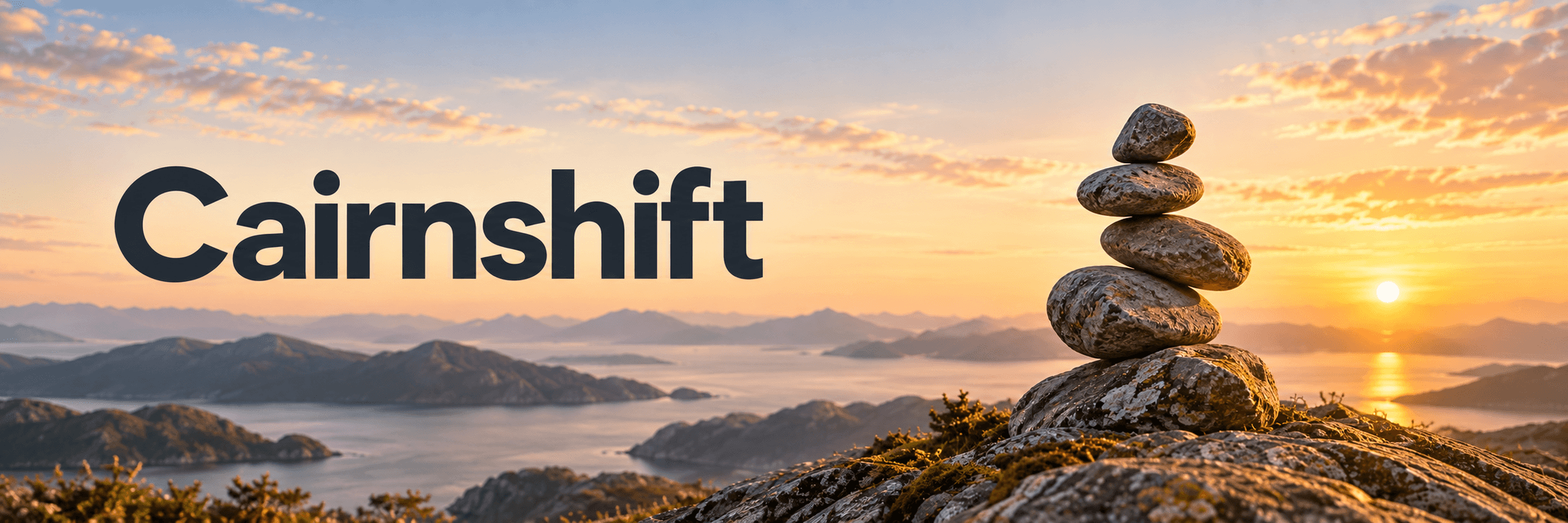 Cairnshift wordmark and a stacked stone cairn at sunrise over a mountain lake